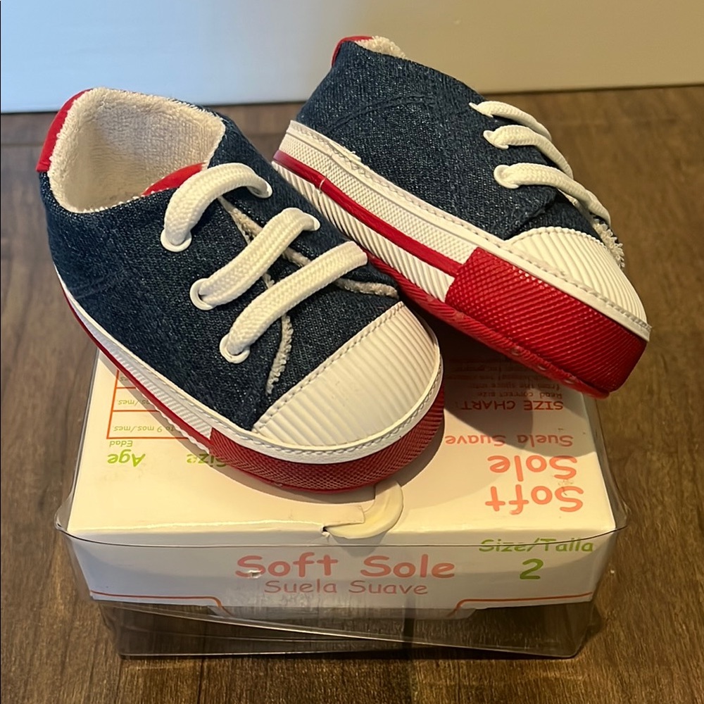 Denim Blue and Red Soft Sole Baby Shoes, size 2.